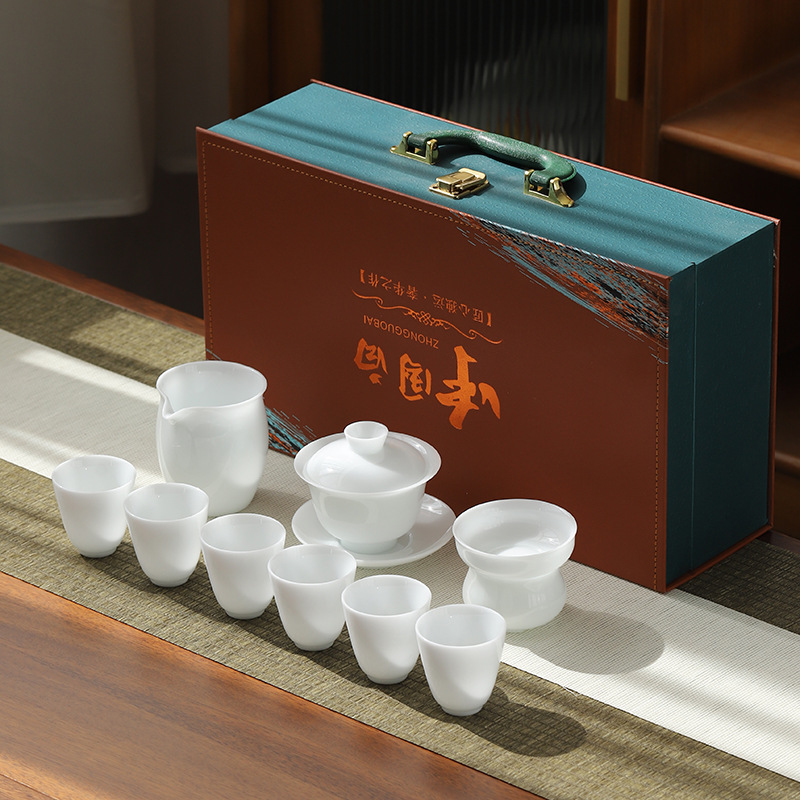Bộ ấm chén trà Kung Fu sứ ngọc trắng dùng cho gia đình và văn phòng, bao gồm ấm trà, gaiwan và tách trà, quà tặng gốm sứ cao cấp sang trọng.