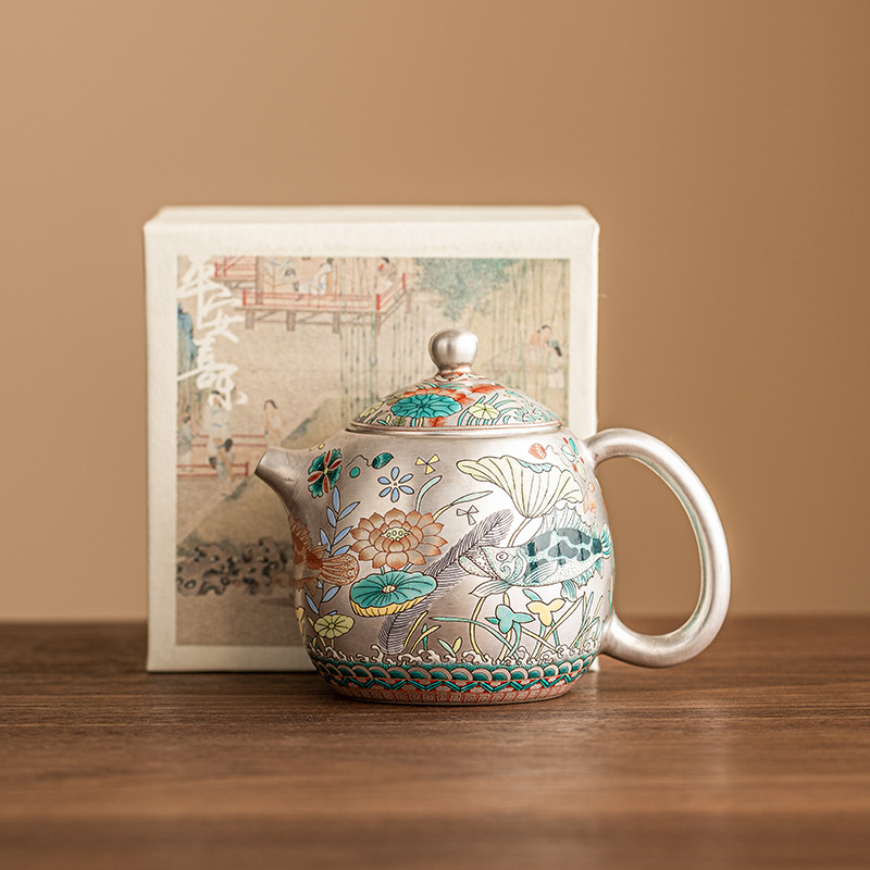 Ấm trà mạ bạc 999 hoa văn tảo trà ấm đơn lọc gia dụng ấm trà Bộ trà Kung Fu cao cấp Trung Quốc ấm Trứng Rồng