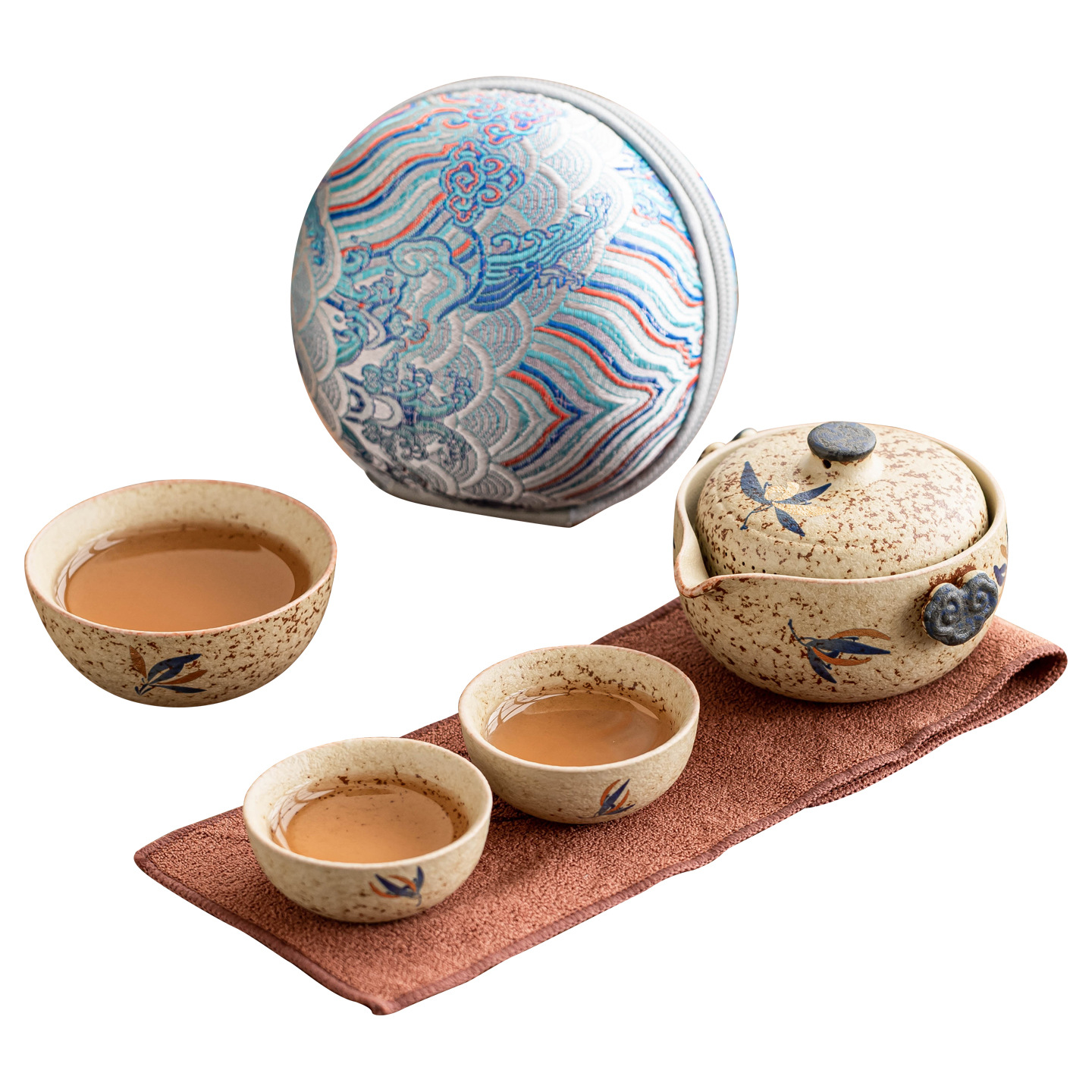 Bộ trà du lịch đá lửa trắng xanh, cốc khách nhanh gốm sứ Ruyi, thiết bị uống trà cắm trại ngoài trời, bộ trà uống cho một người