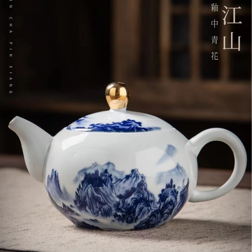 Bộ ấm trà Kung Fu màu xanh và trắng Jingdezhen, ấm trà có nắp gia dụng cổ, tách trà văn phòng, hộp quà