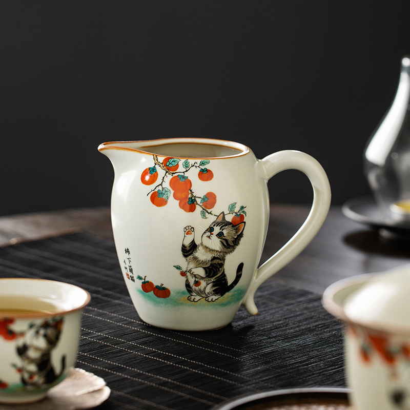 Bộ ấm chén trà Kung Fu gốm sứ màu be Ru Kiln Persimmon mèo dễ thương, chén trà đơn, chia trà.