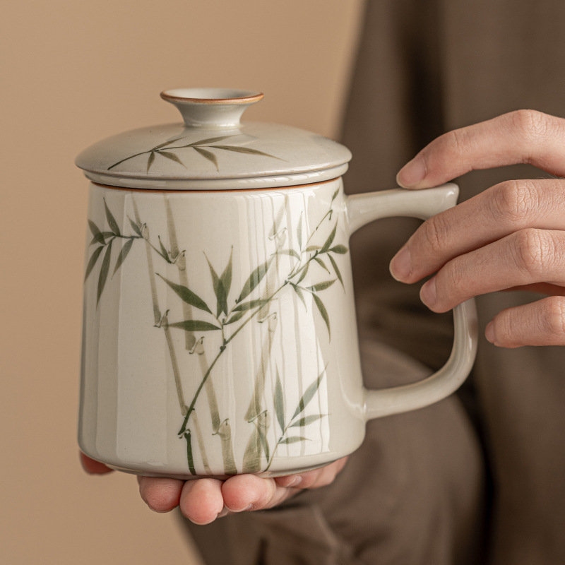 Cốc gốm sứ bằng tre xanh ngọc bích vẽ tay Cốc văn phòng tách trà có nắp cốc uống trà cao cấp LOGO cá nhân