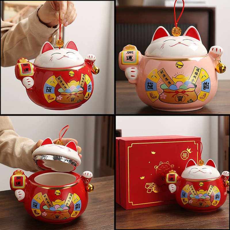 Bình trà mèo may mắn Bình rỗng gốm sứ hoạt hình sáng tạo bình kín hộp đựng trà Pu'er cỡ lớn gia dụng hộp quà