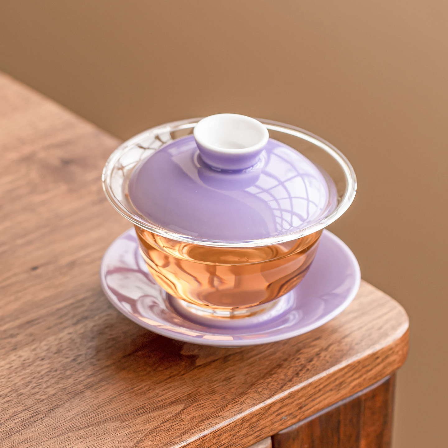 Bát tam tài kính tím tử đinh hương kiểu Trung Quốc, cốc trà có nắp gốm sứ, bộ trà cao cấp gia dụng