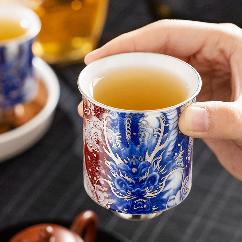 He Fusen Bảo tàng Cung điện Văn hóa và Sáng tạo Bộ trà cao cấp Rồng mạ bạc Bốn biển Quà tặng sinh nhật cho người lớn tuổi