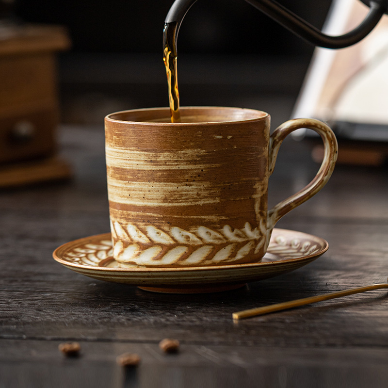 Bộ tách và đĩa cà phê họa tiết lúa mì, cốc cappuccino latte phong cách châu Âu cổ điển gia dụng, cốc kéo cà phê lạ mắt