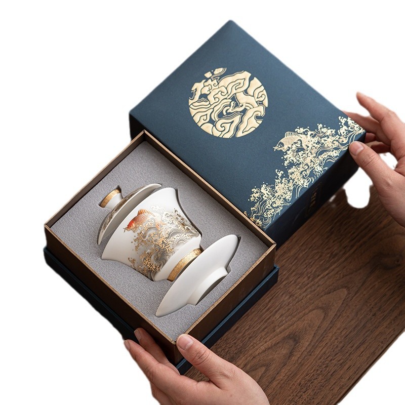 Cao cấp mỡ cừu ngọc sứ long phượng tam tài bát trà cốc pha trà bào mỏng bát pha trà công phu có nắp ấm tay cỡ lớn