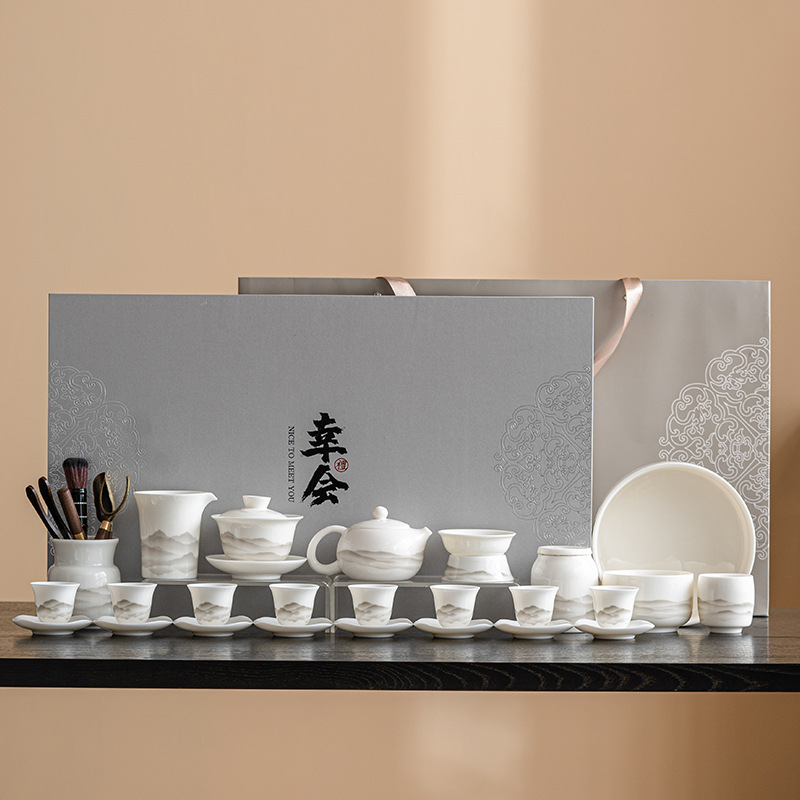 Bộ ấm trà Kung Fu Wanshan Yangzhiyu Bộ ấm trà sứ trắng cao cấp văn phòng gia dụng có nắp cốc trà hộp quà