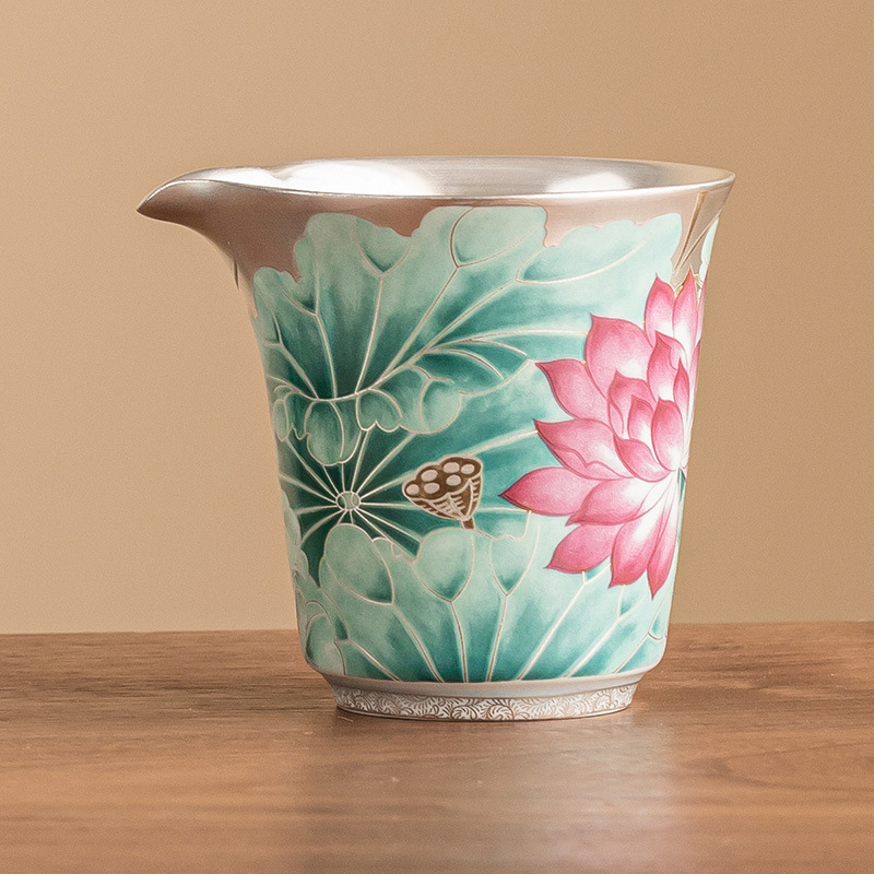 Cốc công bằng ánh trăng ao sen mạ bạc 999 cốc trà cao cấp gia dụng cốc công bằng gốm cổ điển Trung Quốc đơn