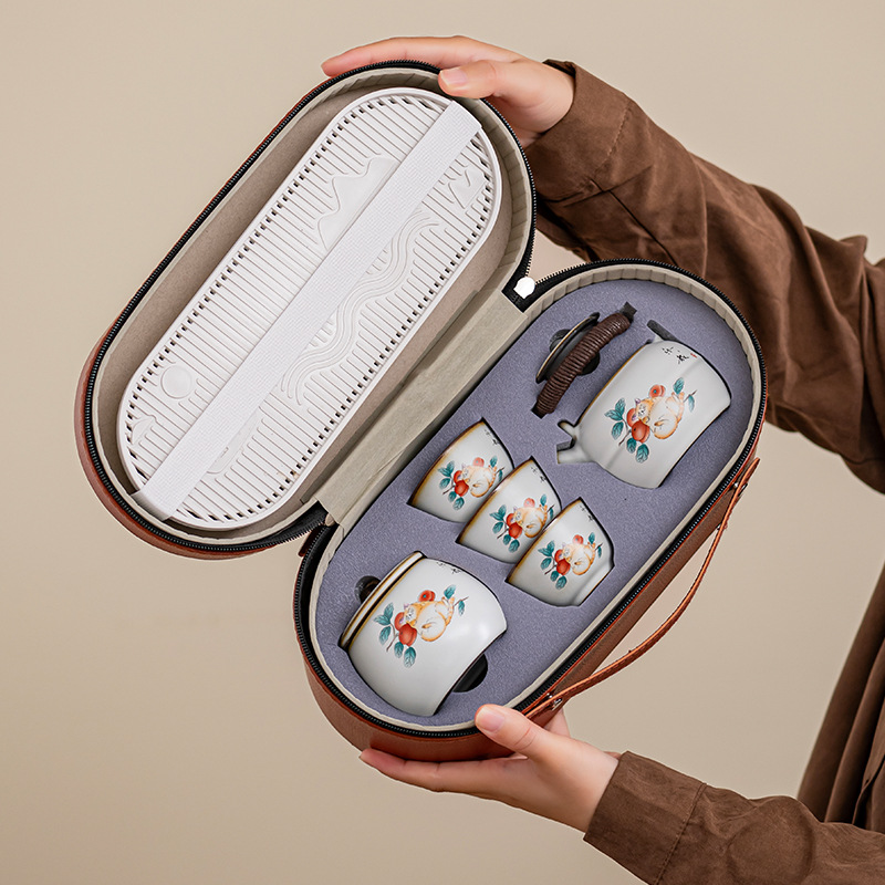 Một ấm ba chén di động ngoài trời lò Ru mở lát bộ trà du lịch bộ nhỏ ấm trà đơn giản gia dụng quà tặng