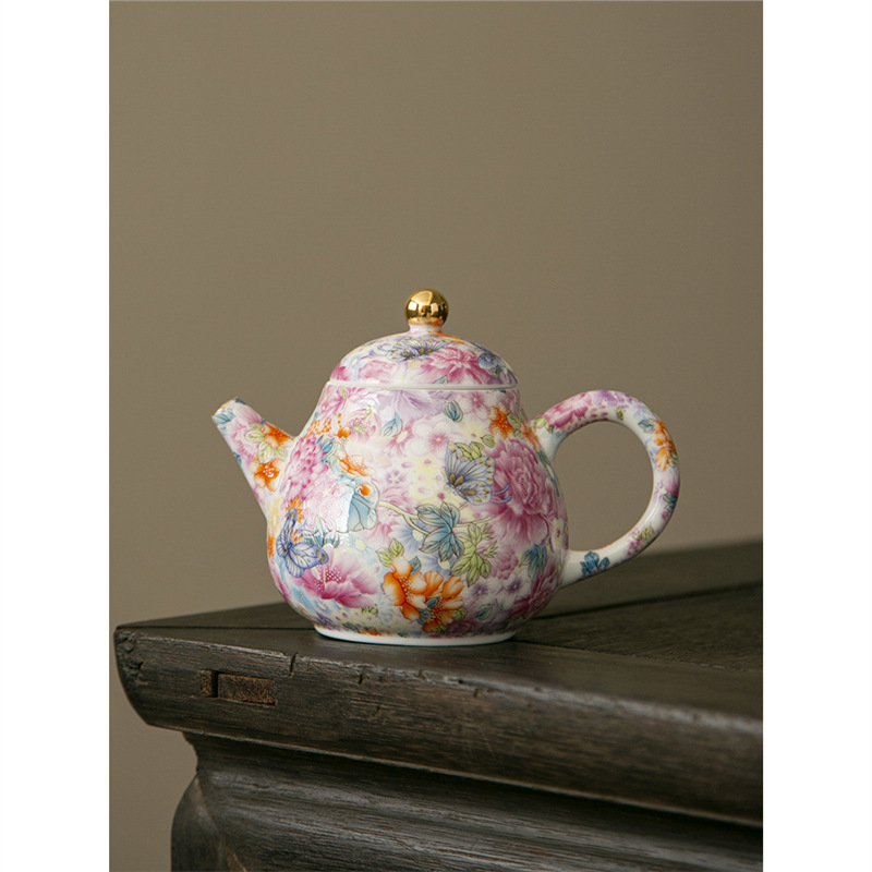 Ấm trà nhỏ tráng men ấm trà đơn ấm trà vạn hoa tươi mát dụng cụ trà Kung Fu đơn ấm trà gốm sứ gia dụng ấm tay cầm