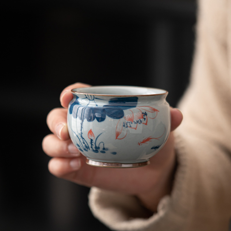 Cốc Trà Hoa sen màu xanh trắng vẽ tay kiểu Trung Quốc cốc chủ nhân tráng men cổ kính Bộ trà Kungfu gia dụng cốc đơn