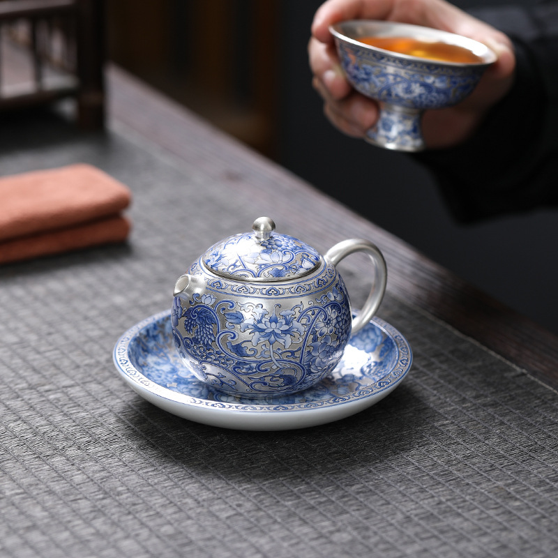 999 sterling bạc, một ấm, một ấm, gốm sứ, hoa văn sứ trắng xanh, quà văn phòng, du lịch xách tay, trà thủy triều năm rồng