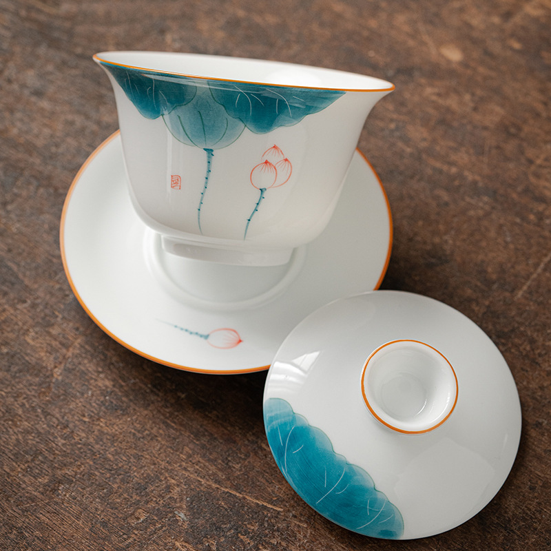 Ngọc cừu vẽ tay treo nắp bát tách trà bát pha trà sứ trắng lơ lửng tam tài bát trà bộ trà gốm sứ đơn