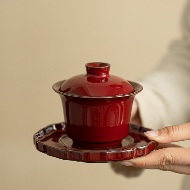 Xuyên biên giới Jingdezhen Lò nung biến thành màu đỏ Tử Cấm Thành Màu đỏ Tam tài có nắp Bộ trà gốm sứ Bát có nắp hình móng ngựa trọn bộ với giá đỡ dưới