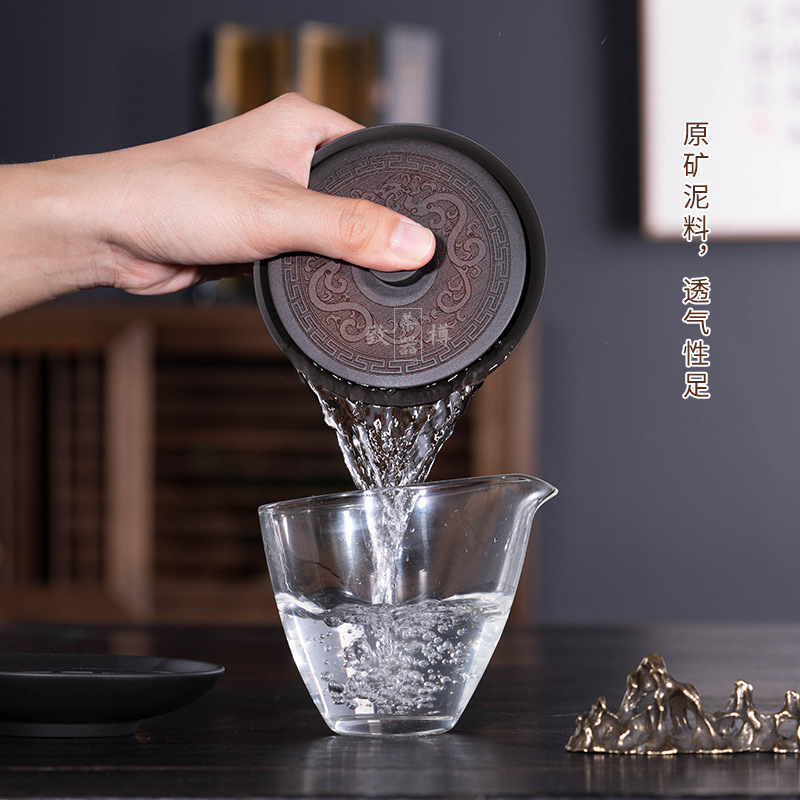 Vân Nam quặng nguyên thủy gốm tím hoa văn rồng bát có nắp bộ trà cốc có nắp làm bằng tay bộ trà công phu bát pha trà gia dụng