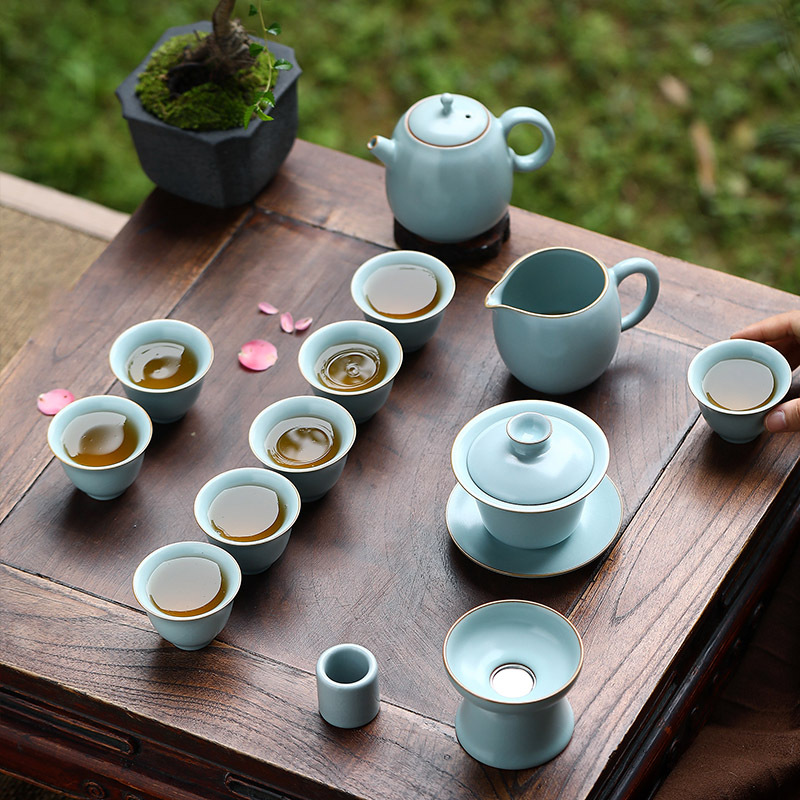 Bộ ấm trà lò Suyuan Tianqing Ru Ấm pha trà sứ Ru kiểu Trung Quốc gia dụng cao cấp sang trọng hộp quà tách trà Kung Fu