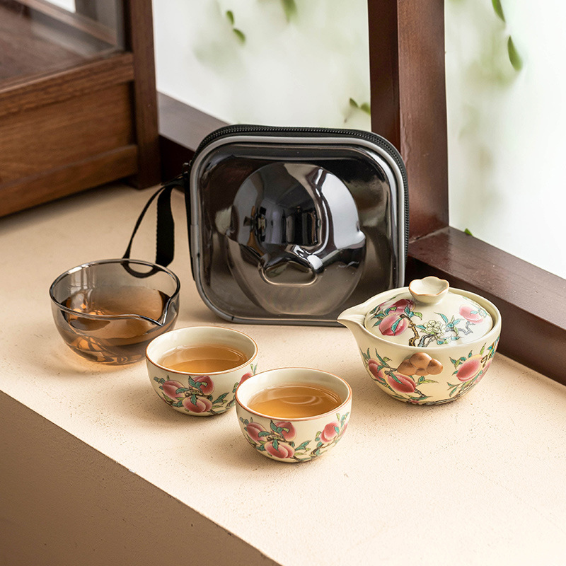 Bộ ấm trà du lịch Ruyao Pastel Nine Peach, cốc khách di động ngoài trời, một ấm ba cốc, ấm trà gốm sứ