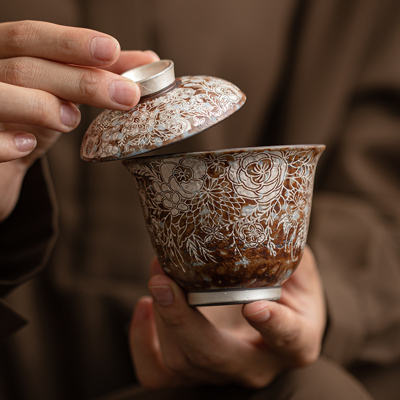 Bát có nắp bằng bạc mạ hoa bùn đá cũ, Bộ trà Kungfu gốm thô gia dụng cổ điển, bát có nắp, bát pha trà cỡ nhỏ, cốc trà