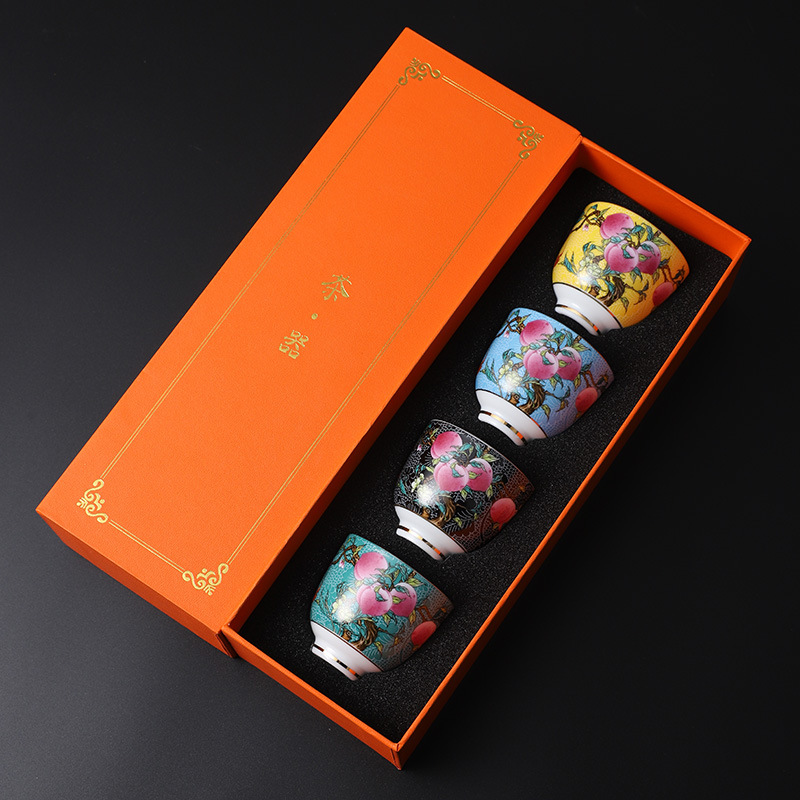 Cốc trà gốm sứ Jingdezhen cốc chủ nhân men chín đào cốc đơn bát trà nhỏ bộ cốc trà hộp quà bán buôn