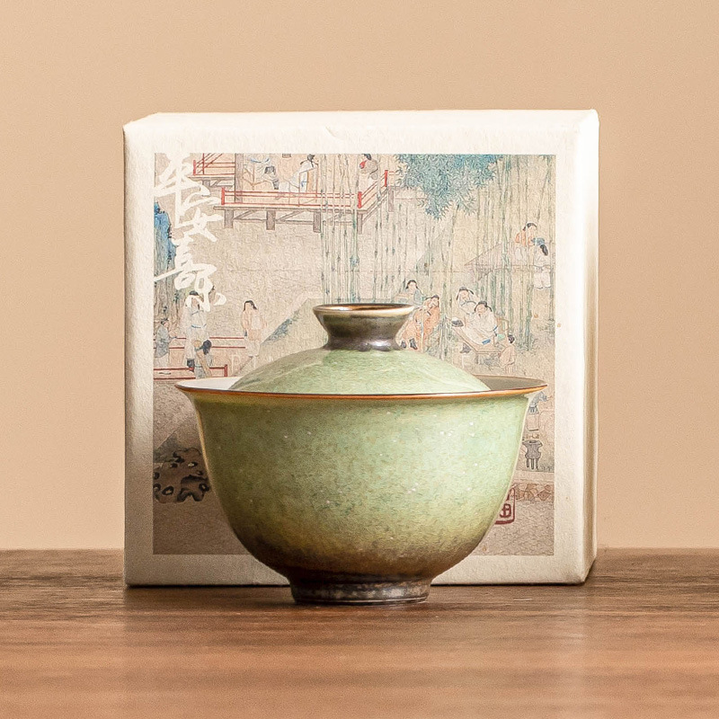 Bát pha trà gốm sứ lò nung, bầu trời đầy sao xanh, bát có nắp đậy, cốc trà, bộ trà kung fu cổ điển làm bằng tay, đơn không nóng
