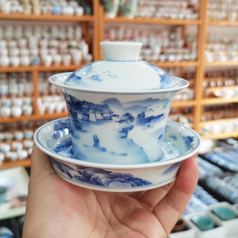 Bộ trà Kung Fu cao cấp bát có nắp ba tài năng bát pha trà phong cảnh xanh và trắng Jingdezhen bát có nắp móng ngựa đế bằng cổ điển