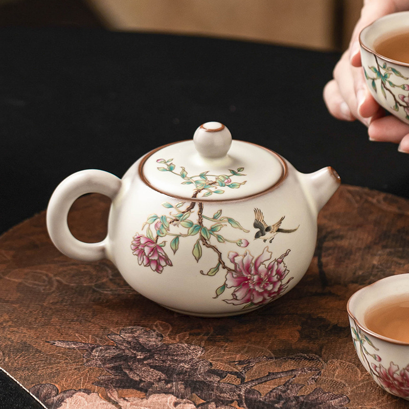 Ấm trà Ru Kiln Ấm trà đơn lọc cổ điển kiểu Trung Quốc gia dụng Bình thạch mỡ lợn Hoa mẫu đơn Xi Shi Bình một hộp quà