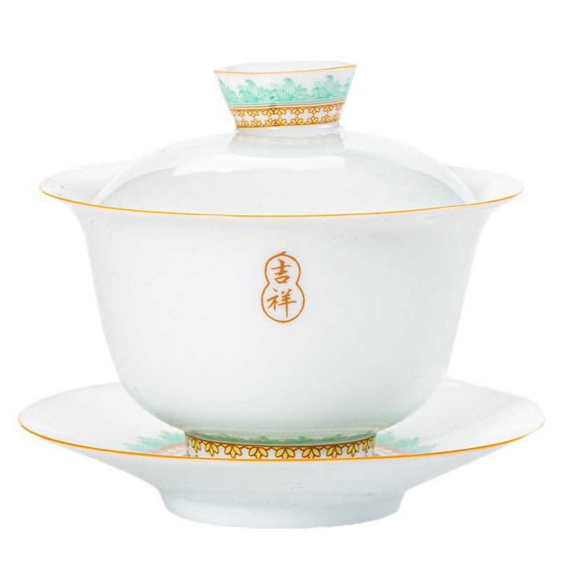 Bát có nắp ba tài vẽ tay Bộ đồ trà Jingdezhen tráng men mỏng sứ trắng không nóng một tay bộ chén trà gốm sứ bát pha trà