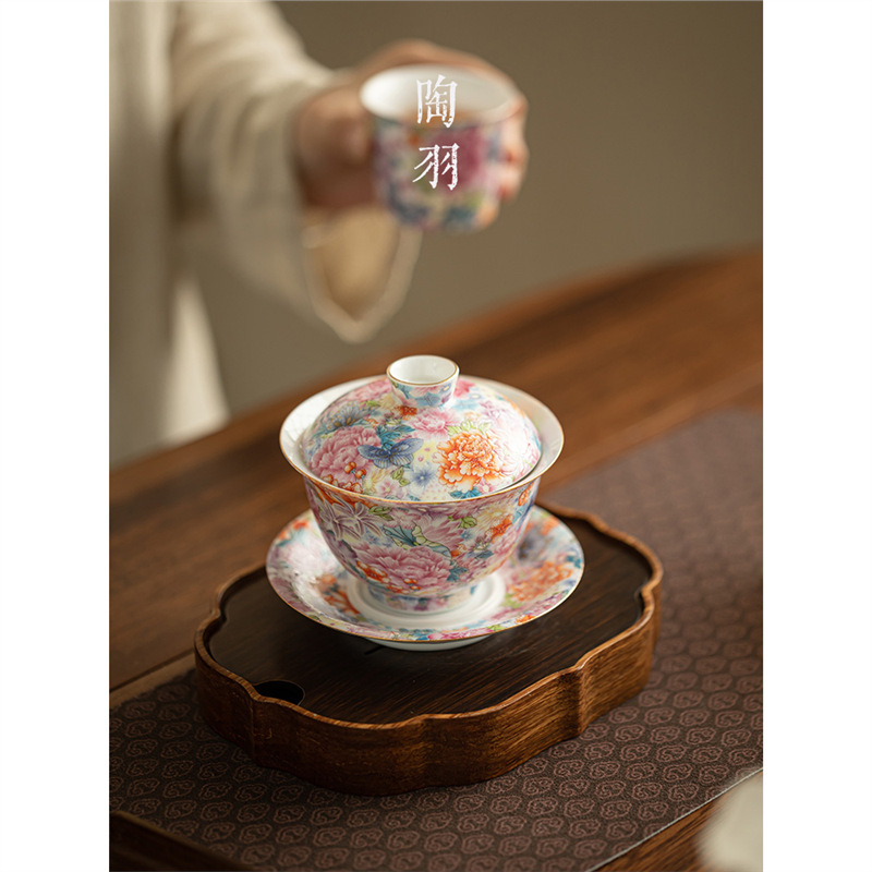 Bát trà tam tài tráng men phong cách Trung Quốc bát trà gốm sứ bộ trà kungfu bát trà đơn gia dụng cao cấp