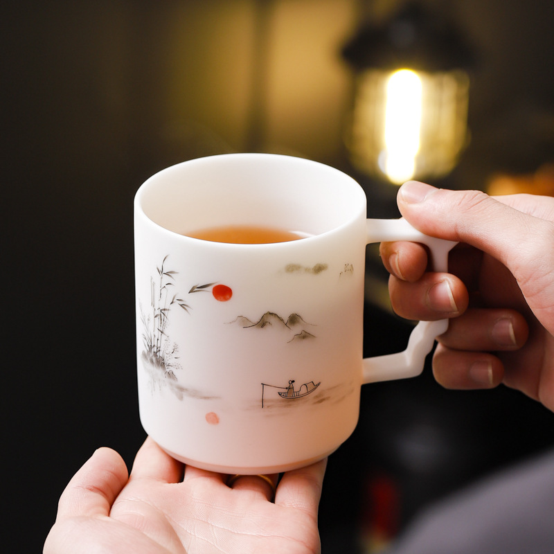 Cốc văn phòng vẽ tay sứ ngọc bích mỡ cừu nướng chay cốc pha trà lọc cốc nước cá nhân gia dụng quà tặng cha mẹ và người lớn tuổi