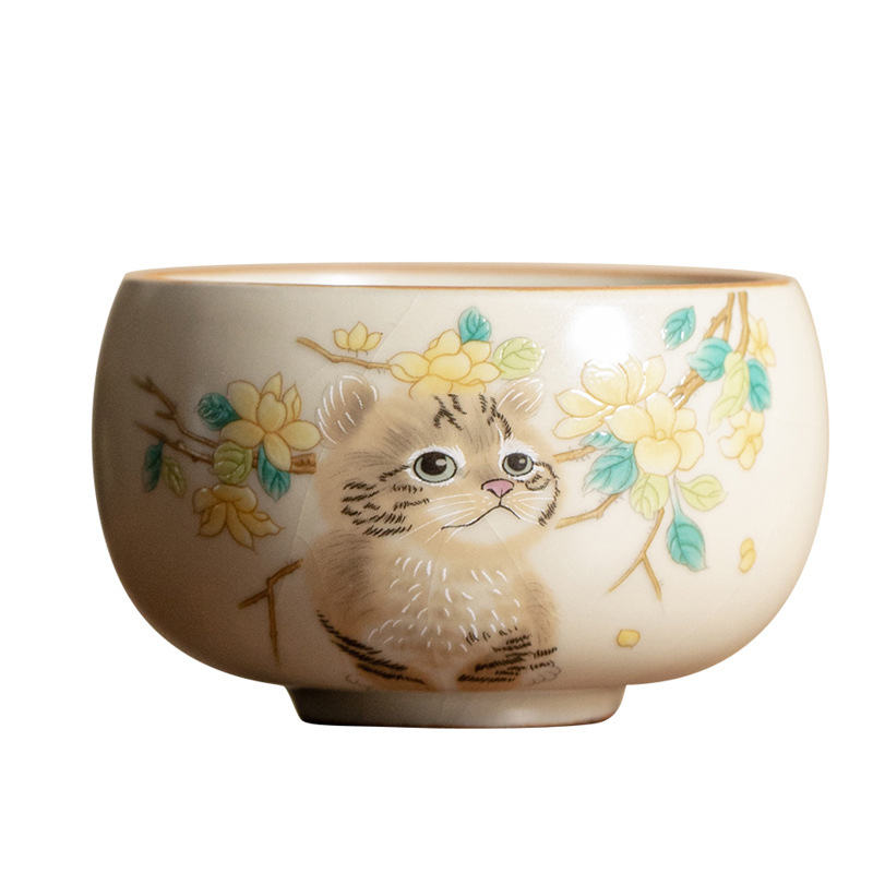 Cốc phong phú lò Ru màu vàng gạo giả thời Tống cốc trà gốm sứ cổ điển sang trọng nhẹ kiểu Trung Quốc cốc chủ nhân lớn cốc đơn có thể mở