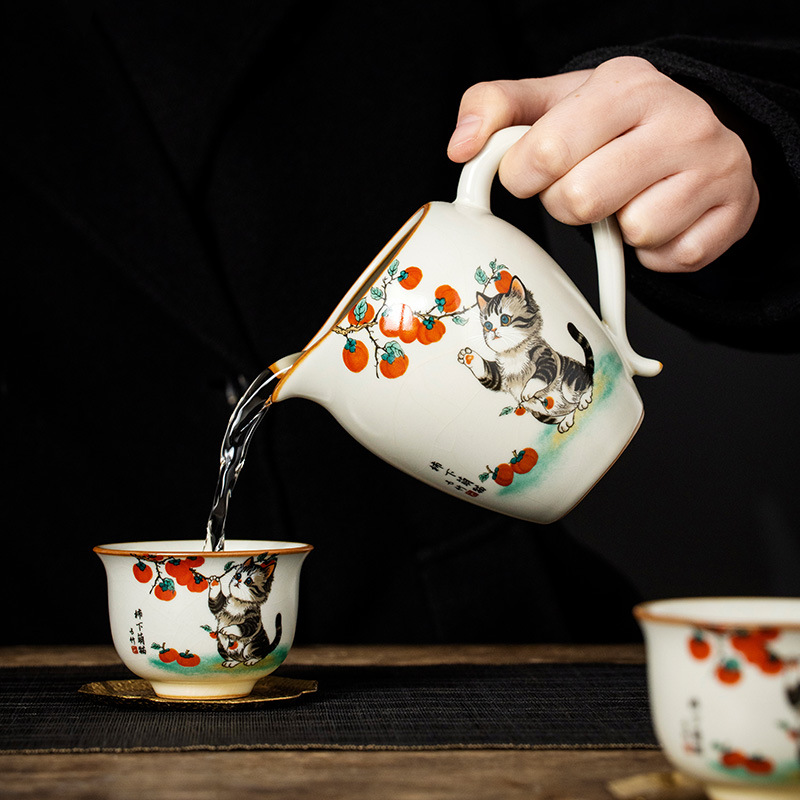 Bộ ấm chén trà Kung Fu gốm sứ màu be Ru Kiln Persimmon mèo dễ thương, chén trà đơn, chia trà.