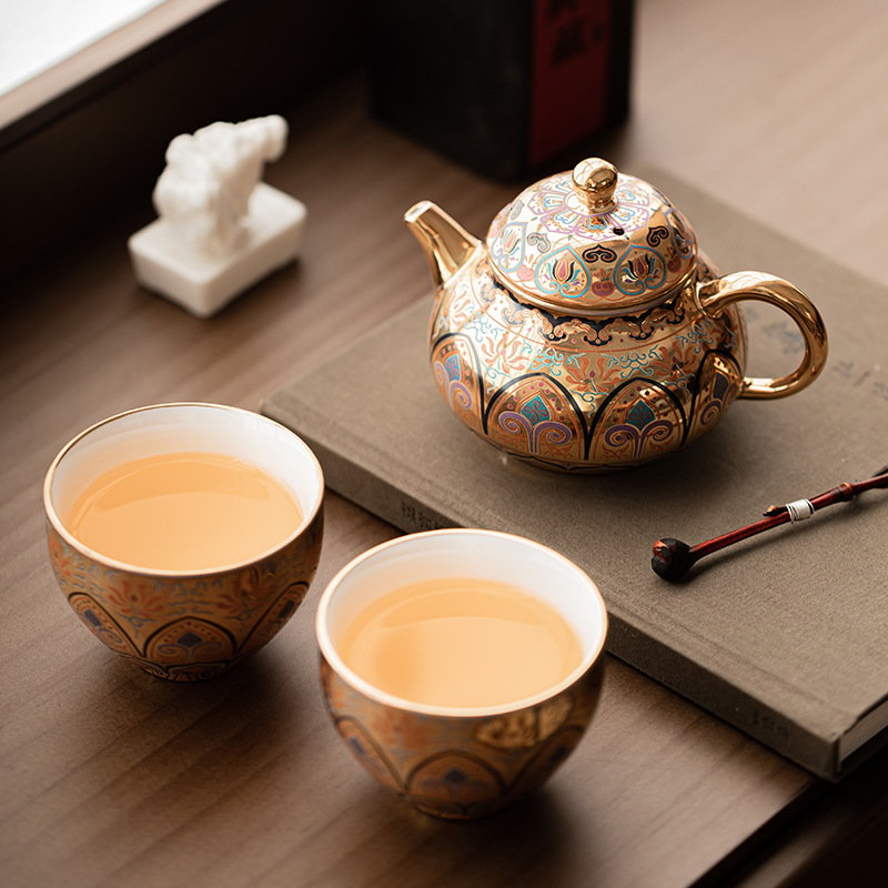 Bộ ấm chén tinh xảo mạ vàng Đôn Hoàng, bộ ấm trà hai cốc, ấm trà văn hóa và sáng tạo, ấm trà, quà tặng cho khách hàng lớn tuổi