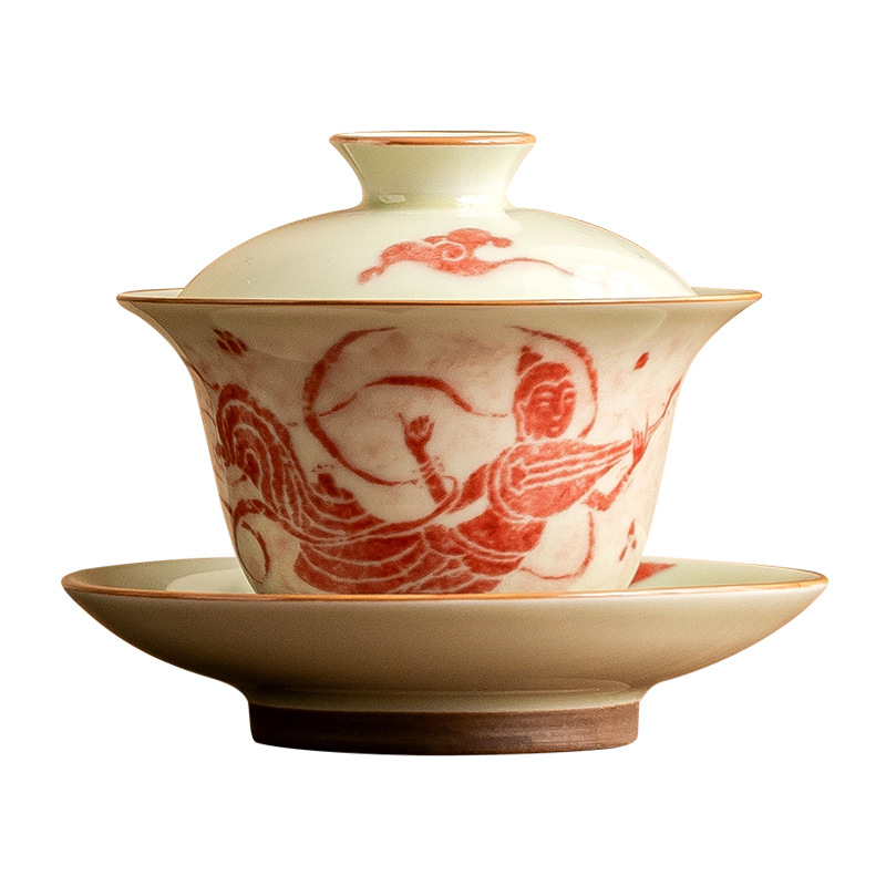 Bát có nắp ba tài văn hóa và sáng tạo Đôn Hoàng, bát pha trà gia dụng cao cấp, bộ trà Trung Quốc không nóng, bát trà gốm sứ có nắp