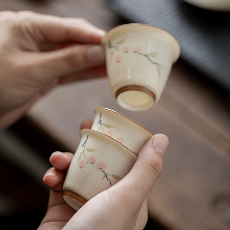 Cốc trà vẽ tay, cốc đơn màu hồng tráng men cổ điển, cốc chủ nhân, bộ trà kungfu gia dụng, cốc trà gốm