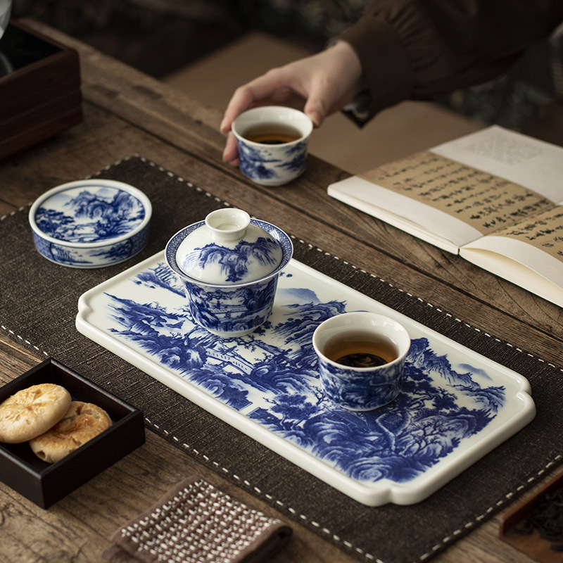 Jingdezhen tráng men màu retro màu xanh và trắng bát nắp phong cảnh cốc trà bộ trà Kung Fu cao cấp dụng cụ trà gốm sứ khay pha khô