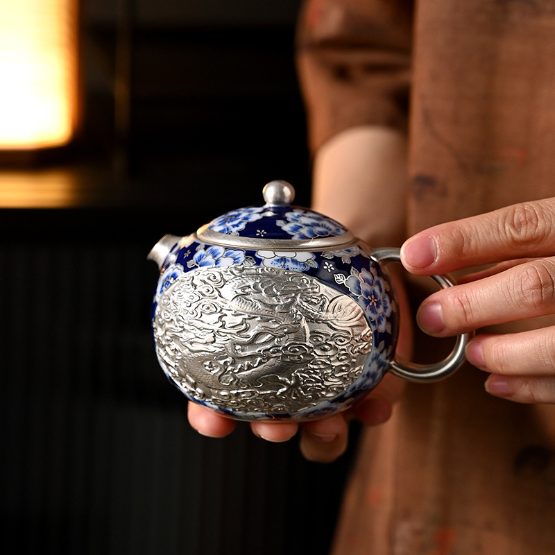 He Fusen Pure Silver Pot Longfeng XiShi Ấm trà trắng xanh nổi thủ công Bộ trà Kung Fu mạ bạc Ấm pha trà gia dụng