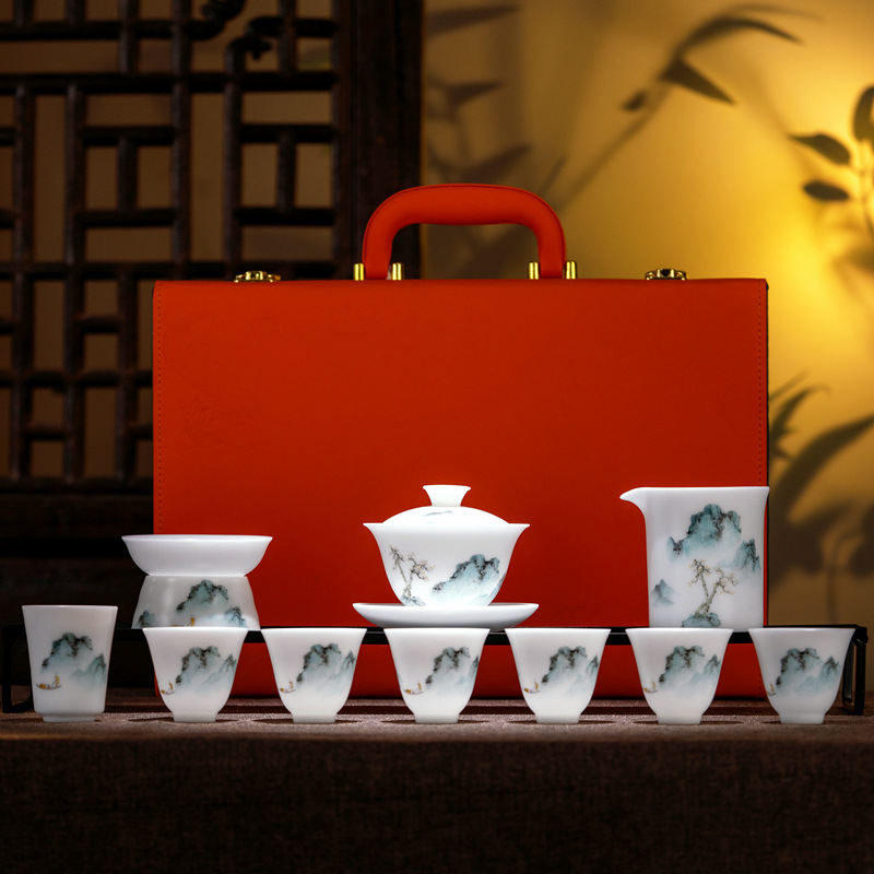 Bộ trà ngọc bích vẽ tay của bậc thầy di sản văn hóa phi vật thể dành cho gia đình, Bộ hoàn chỉnh với Gaiwan, Tách trà gốm pha trà cao cấp.