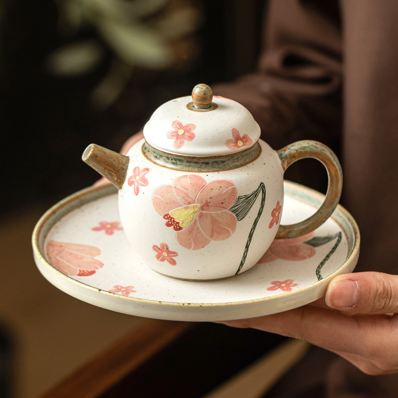Ấm trà hoa chuông chạm khắc màu hồng ấm trà gốm sứ bộ trà Kung Fu kiểu Trung Quốc ấm trà nhỏ gia dụng lọc trà tinh tế ấm đơn