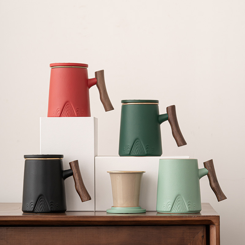 Ly sứ tùy chỉnh, ly trà tách trà và nước, cốc uống nước dung tích lớn, tay cầm gỗ óc chó, ly văn phòng in LOGO