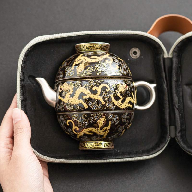 999 đôi rồng bạc bạc chơi hạt cốc khách nhanh bộ trà du lịch xách tay ngoài trời một bình hai cốc quà tặng cao cấp