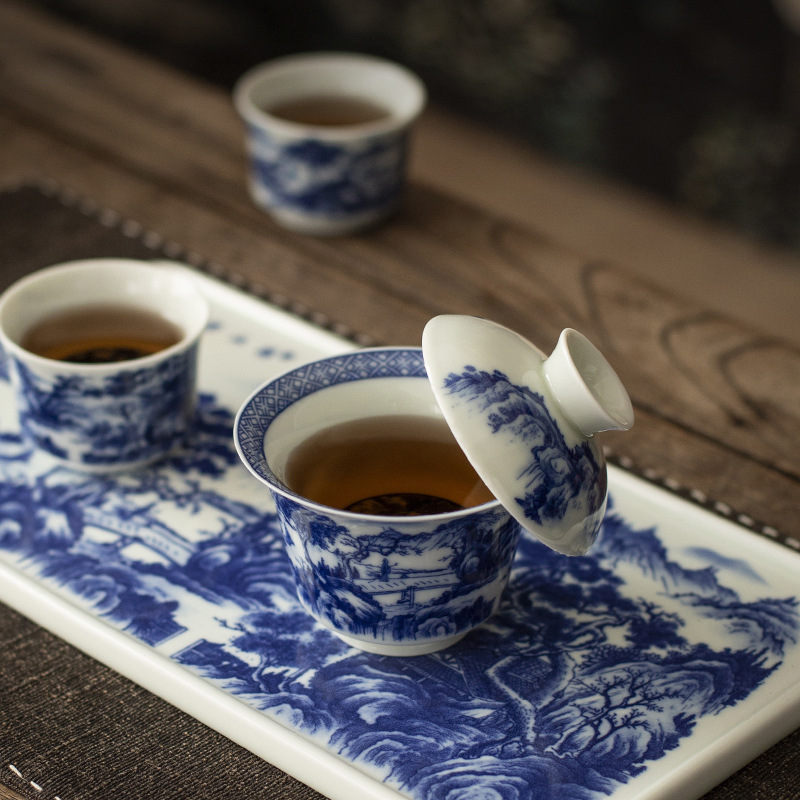 Jingdezhen tráng men màu retro màu xanh và trắng bát nắp phong cảnh cốc trà bộ trà Kung Fu cao cấp dụng cụ trà gốm sứ khay pha khô