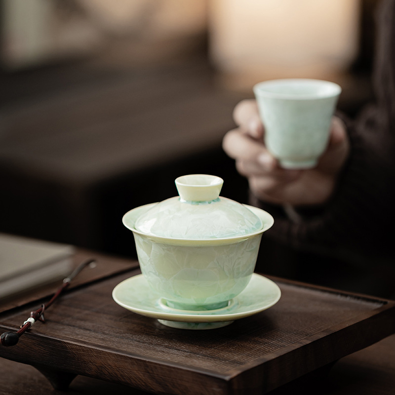 Lò nung kết tinh bát có nắp ba tài dụng cụ trà Kung Fu cốc trà lớn có nắp dụng cụ pha trà đơn bát trà hộp quà