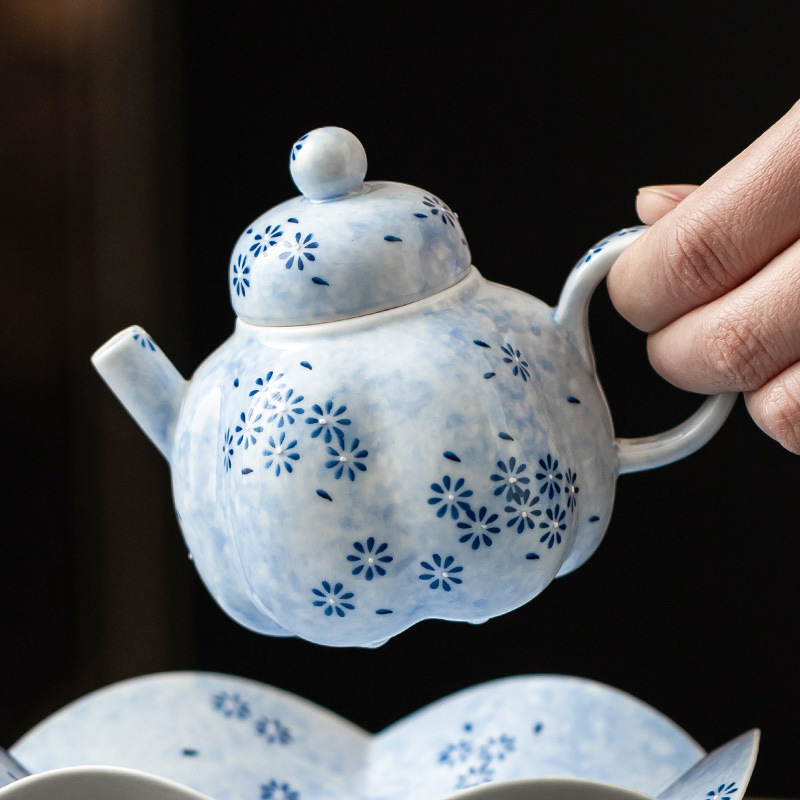 Ấm trà nhỏ tinh tế cổ điển màu xám thực vật ấm hình quả dưa hoa cúc xanh bộ trà Kung Fu gia dụng kiểu Trung Quốc bộ pha trà một ấm