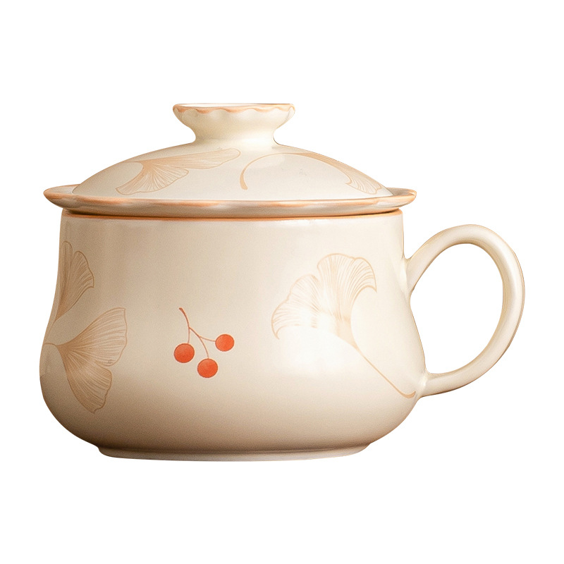 Cốc văn phòng hoa bạch quả màu be cốc chuyên dụng cá nhân cốc gốm có nắp cốc tách nước trà cốc pha trà