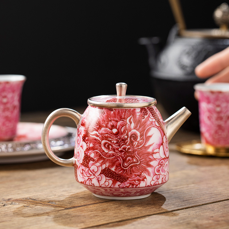 He Fusen mạ bạc carmine Dragon Four Seas Ấm trà Quà tặng sinh nhật cho cha mẹ và người lớn tuổi