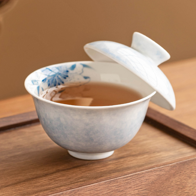 Bát nắp treo gốm sứ vẽ tay, cốc trà, bát pha trà xanh Lily Xiyan, bộ pha trà gia dụng Trung Quốc có nắp, một chiếc