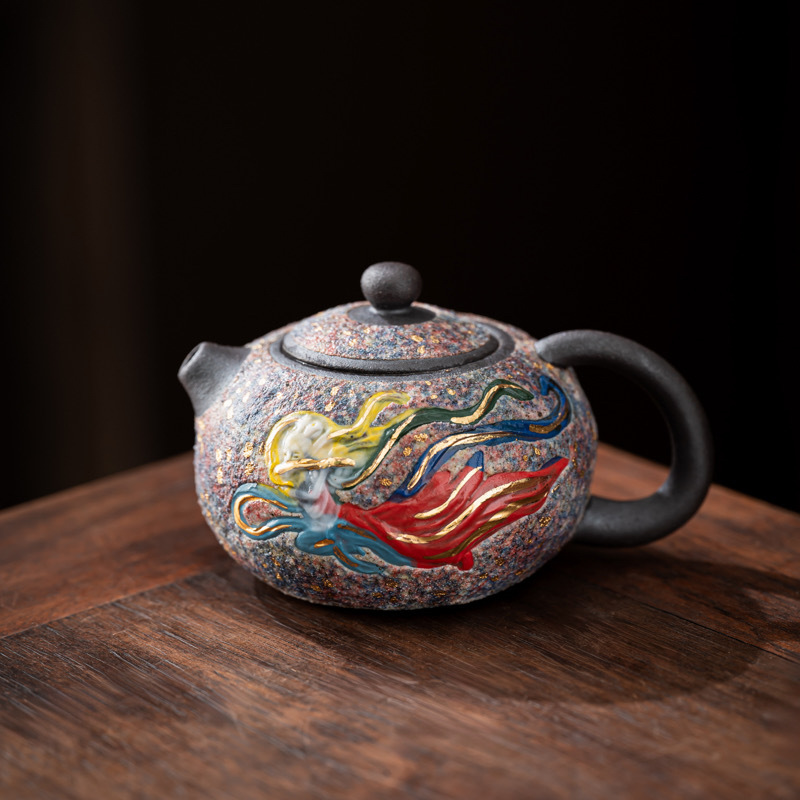 Ấm trà mỏ đá, dụng cụ pha trà lốp sắt thủ công, dụng cụ pha trà Kung Fu gia dụng, ấm đơn lỗ bóng Đôn Hoàng Feitian Xishi sáng tạo