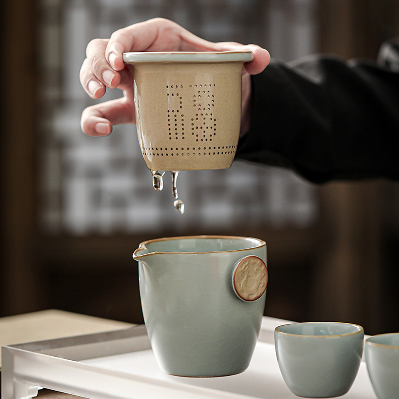 Bộ ấm trà du lịch Ru Kiln, cốc khách nhanh di động, một ấm hai cốc, cốc trà Kung Fu ngoài trời, túi đựng ấm pha trà