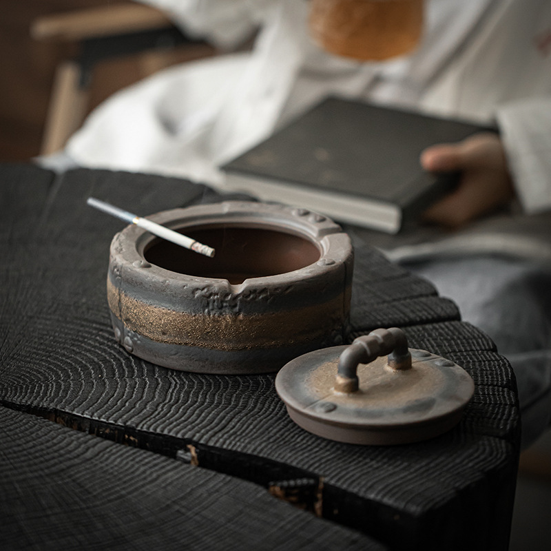 Bán buôn Gạt Tàn Có nắp bằng gốm thô chống bay Xám Zen sáng tạo gia dụng phòng khách văn phòng phong cách retro đồ trang trí bàn trà